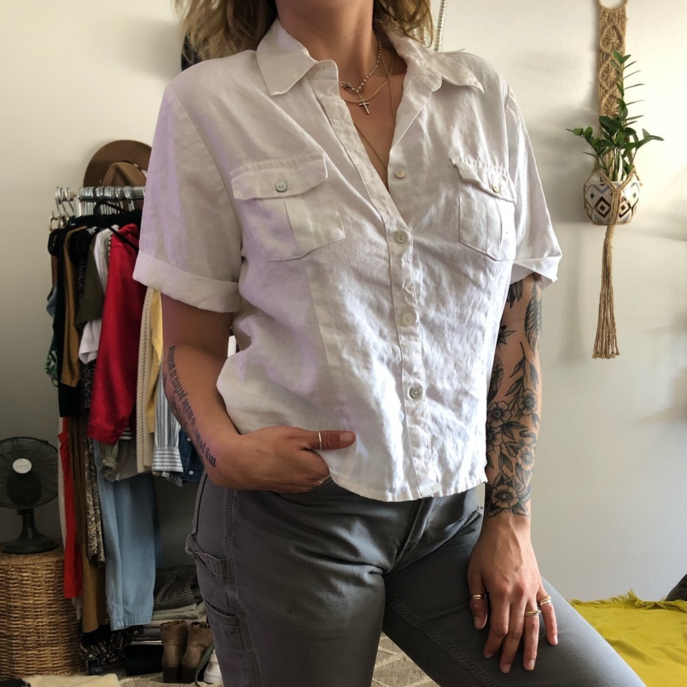 100% Linen White button down Summer Blouse